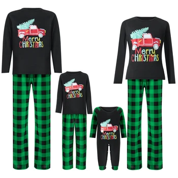 Šeimos Atitikimo Kalėdų Pižama Rinkiniai ilgomis Rankovėmis Sunkvežimių Spausdinti Viršūnes Pledas Kelnes Kratinys Jumpsuit Kalėdos Pj ' s Sleepwear Kostiumas