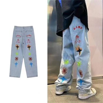 Guochao spausdinti džinsai vyrų vasaros mados prekės ženklo hip-hop prarasti plataus kojų kelnės madinga vyriški ins gatvės tiesios kelnės
