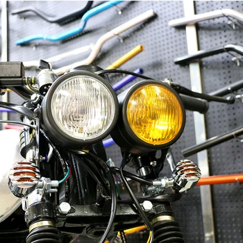 Pertvarkyti Motociklo Dvigubas priekinis žibintas Geltonas Motociklas Dvigubas priekinis Žibintas DC 12V Motoroleris Dvyniai Galvos Lengvųjų Variklinių Retro Juoda Priekiniai Žibintai
