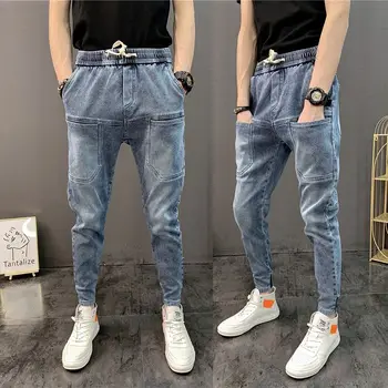 Nauji vyriški slim-fit mažas-kojis džinsai devynių taškų kelnes didelių kišenių kelnės mėlynos nelaimę stretch kelnės