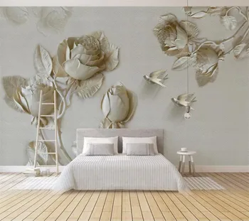 wellyu Individualų didelis freskomis mados namų tobulinimo 3D trimatis reljefinis aukso rožė gėlių, paukščių sienos