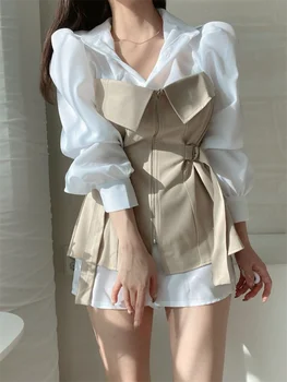 Korėjos Chic Pavasario Vasaros Suknelė Kontrasto Spalvų Netikrą Dviejų dalių Zip-Iki Juosmens ilgomis Rankovėmis Suknelė Moterims Mados Marškinėliai, Suknelės