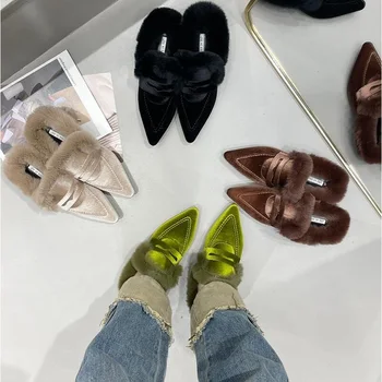 Baotou gauruotas batai moterims, žiemos drabužiai nauji prancūzų aksomo mažo kulno pažymėjo tne pusė šlepetė atsitiktinis, patogūs moteriški bateliai