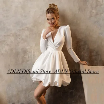 ADLN Trumpas Vestuvių Suknelės 2023 Civilinės Nuotakos Suknelė V Kaklo-line Mini ilgomis Rankovėmis Šiek tiek Balta Suknelė Chalatas De Mariee Nuotaka Kostiumas