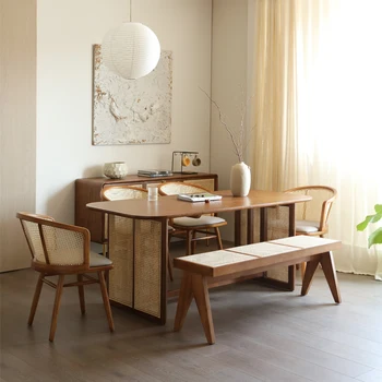 Namų ūkio mažas vienetas Šiaurės stiliaus ramioje vėjo austi rotango valgomasis stalas ir kėdės derinys minimalistinis stalas küchenmöbel