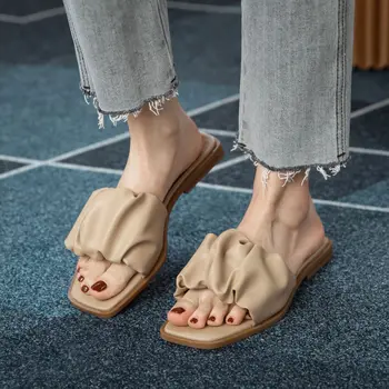 Plisuotos Moterų Avalynė Slydimo Sandalai Butas Chaussures Femme Aikštėje Kojų Sandalias Trumpas, Šlepetės Mažai Obcasie Sapatos Feminino