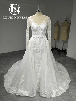 LOUIS NOVIAS 2 In 1 Undinė Vestuvių Suknelė 2023 Elegantiškas ilgomis Rankovėmis Iliuzija V-Kaklo Appliques Nėrinių Nuimamas Traukinio Vestuvių Suknelė