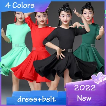 Vaikai lotynų Šokių Suknelė diržu Mergaitės Vaiko ilgai Konkurencijos Salė, Tango, Salsa Dancewear Praktikos Šokių Dėvėti Cha Cha