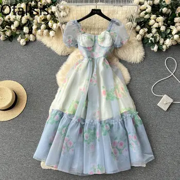 Ofallsis Prancūzijos Derliaus Sluoksniuotos Rankovėmis Suskaidytas Gėlių Suknelė 2023 Vasarą Naujų Pasakų Colorblock Spausdinimo Juosmens Princesė Suknelės