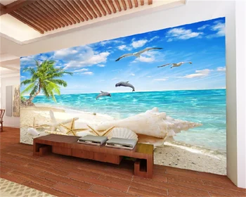 Wellyu Užsakymą tapetai marina meilės jūros paplūdimys, shell marina kokoso medžio mėlynas dangus ir balti debesys TV foną, freskos behang