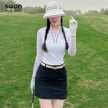 SG golfo moterų ledo šilko V-kaklo aukštos elastinga ilgomis rankovėmis t-shirt pavasario vasaros orui top kostiumas golfo sportinę moteris