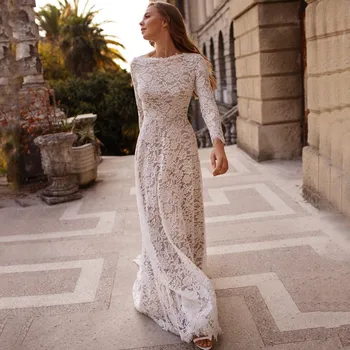 Puikūs Nėriniai ilgomis Rankovėmis Vestuvių Suknelės 2023 Linijos Samtelis Kaklo Grindų Ilgis Elegantiškas Bride Bohemijos Santuokos Chalatai Mygtuką