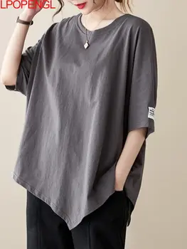 Mados Asimetriškas trumparankoviai vientisos Spalvos Negabaritinių Megztinis marškinėliai Moterims Vasaros Prarasti Dizainas, Elegantiškos Pusė rankovėmis O-kaklo Viršų