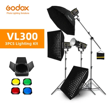 Godox 3pcs VL300 300W 5600K Baltas LED Vaizdo, Nuolatinis apšvietimas + 70x100cm Tinklelis Softbox + 2,8 m Šviesos Stendas Šviesos Studija