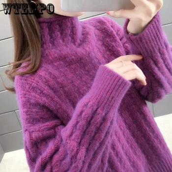 Moterų Golfo Megztinis Y2K Rudens Žiemos Plus Size Laisvas Megztinis Megztas Megztinis Lady Negabaritinių Violetinė Džemperiai Didmeninės