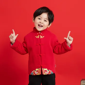 Kinų Stiliaus Berniukų Tradicinių Kostiumų Hanfu Viršūnes Žiemos Komplektai Tirštėti Siuvinėjimo Naujųjų Metų Drabužių Šilta Raudona Tango Tiktų Vaikams