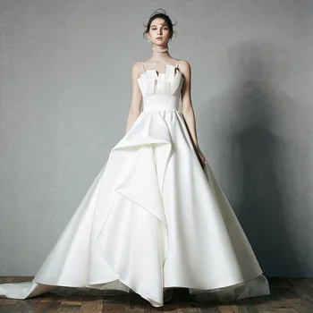 Geriausia Prancūzijoje Satin A-line Wedding Dresses Vestido De Casamento petnešėlėmis Užtrauktukas Iki Elegantiškos Vestuvinės Suknelės Bruidsjurken