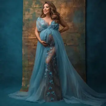 Pasakų 3D Gėlės Motinystės Suknelė Moterims Akių Tiulio Prom Dresses V Kaklo Matyti Per vestido de novia Photoshoot Suknelė
