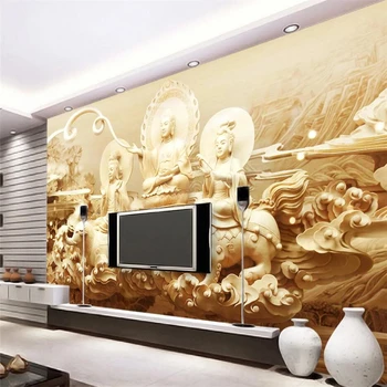 wellyuCustom wallpaper HD stereo Budos statula woodcarving TV foną, sienos tapetai kambarį fotobehang 3d