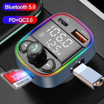 PD20W QC3.0 Greitas Įkroviklis-Automobilių FM Siųstuvas Bluetooth 5.0 Adapteris spalvotu LED laisvų Rankų įranga Automobilio Mp3 Grotuvas TF U Disko Žaisti