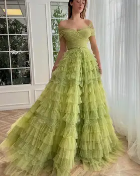 Žalia Tiulio Moterų vakarinę Suknelę Backless-Line Rankovių Nėrinių Grindų Ilgis Prom Dresses 2023 vestidos de платье вечернeе