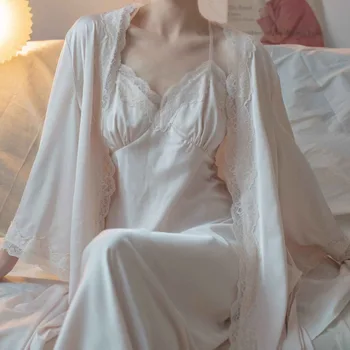 Moteriški Nightgowns Nėrinių Retro Sleepdress Seksualus Teismas Stiliaus Ilgas Derliaus Nightdress Namų Kambariniai Chalatai Sleepwear Pižama Naktiniai Drabužiai