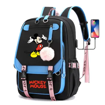Disney Mickey Minnie Mouse Berniukai, Mergaites, Vaikai, Mokykla, Knyga, Krepšiai Moterims USB Bagpack Paauglių Drobės Nešiojamas Kelionės Studentų Kuprinė