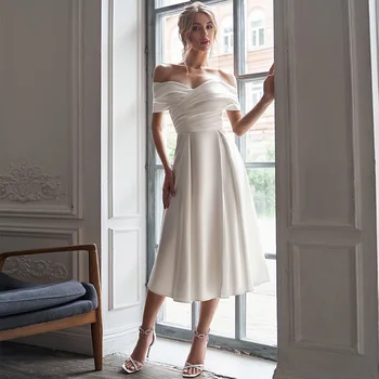Paprasta, Vestuvės Dress Satino Arbata Ilgis Off Peties Trumpas Vestuvių Suknelė Balta Backless Linijos Pusėje Ritininės Midi Nuotakos Suknelės 2023