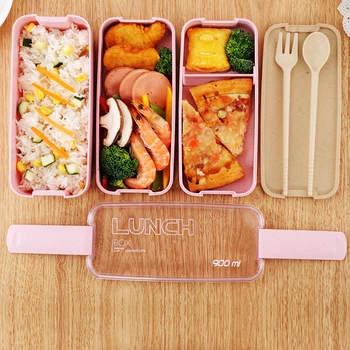 900ml Sveikas Medžiagos Priešpiečių Dėžutė 3 Sluoksnis Kviečių Šiaudų Bento Dėžutes, Mikrobangų krosnelė, Indai Maisto Saugojimo Konteineris Lunchbox