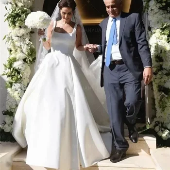 Paprastas Elegantiškas Satino Vestuvių Suknelės 2023 Seksualus Backless Aikštėje Apykaklė su Laivapriekio Vestuvinės Suknelės Santuokos Suknelė vestidos de novia