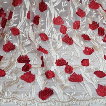 Raudona Rožė Appliques Siuvinėjimo Gėlės su šviesos aukso lapų tiulio, Nėrinių audinys Šalis Suknelė Vakare Nuotakos Suknelė Prom Vestuvių