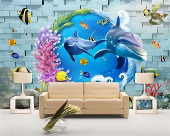 Individualizuotos fono paveikslėlį 3D plytų siena povandeninį pasaulį 3D delfinų animacinių filmų kambarį, TV foną, sienos dekoratyvinis dažymas freskos