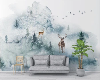 beibehang Švieži ir madinga papel de parede tapetai šviežių minimalistinio Šiaurės stiliaus ranka-dažytos briedžių miško fone sienos popieriaus