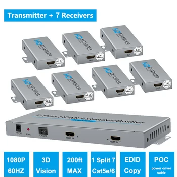 HDMI Extender Splitter 1x7 1080P@60Hz Virš Cat 5E/6/7 Ethernet Kabelis 50m (164ft) Paramos HDMI loopout EDID Kopijuoti POC Funkcijos