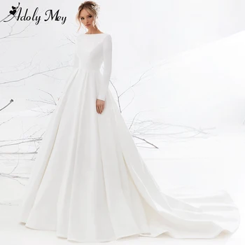 Adoly Mey Elegantiškas Samtelis Kaklo, Ilgomis Rankovėmis Satin A-Line Wedding Dresses Prabanga Duobute Appliques Teismas Traukinio Derliaus Nuotakos Suknelė