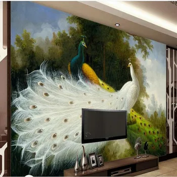 wellyu Užsakymą didelio masto freskomis HD nuskaitymo miško povas aliejaus tapybai TV foną, neaustinių ekrano užsklanda papel de parede
