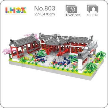 LJ 803 Kinijos Architecutre Senovės Kiemas, Sodas Paviljonas Ežero Mini Diamond Blokų, Plytų Pastatas Žaislas Vaikams, Dovana, ne Lauke