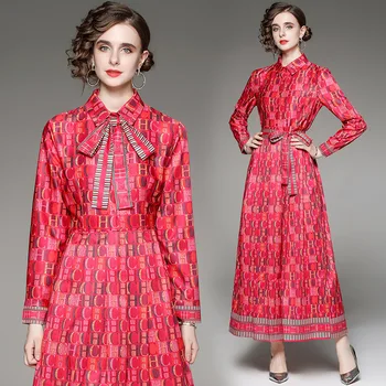 2023 Suknelė Moterims Raudona Raidė Spausdinti Ilgomis Rankovėmis Viena Breasted-Line Suknelė Su Diržo Office Lady Derliaus Elegantiškas Ilgas Sukneles