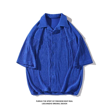 Korėjos Naujas Vasaros Šortai Rankovėmis Marškiniai Vyrams, Atsitiktinis Palaidų Kietas Pasukite Žemyn Apykaklės Vyriška Palaidinė